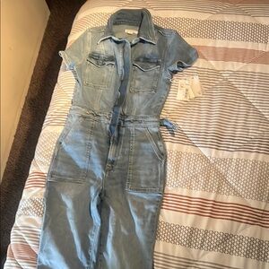 Good American Blue Jumpsuit with Short Sleeves and Defined Waist